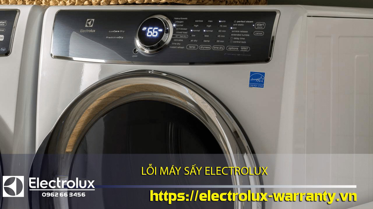 Dryer with electronic control panel and LED display showcasing Electrolux brand and energy efficiency label.