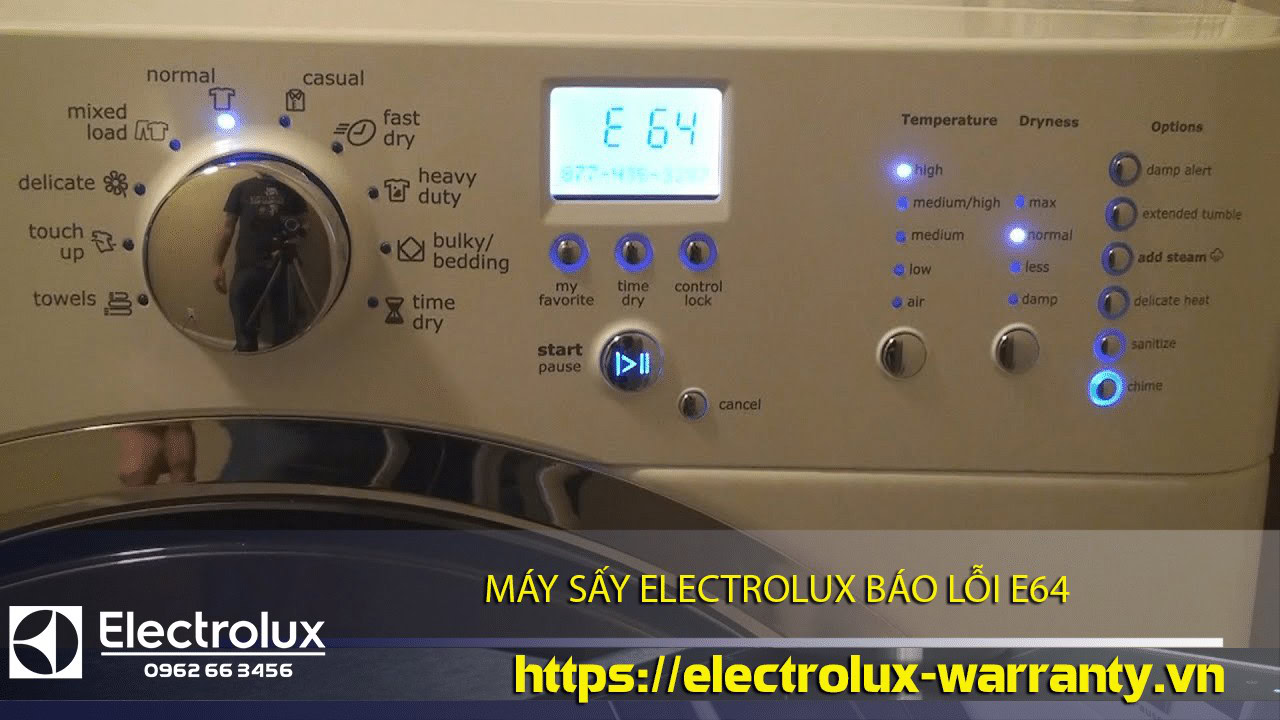 High-tech Electrolux washing machine display panel showcasing various drying and washing options, with warranty information overlay.