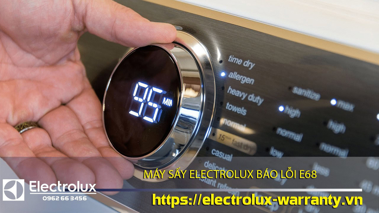 Dryer control panel with digital timer display and various drying modes, highlighting Electrolux warranty service and common error codes.