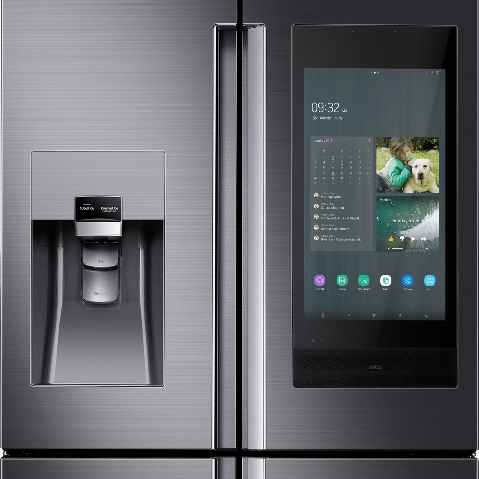 High-tech stainless steel refrigerator with touch screen control panel and water/ice dispenser, featuring advanced warranty and after-sales service from Electrolux.