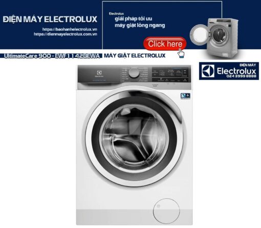 Washing machine image showcasing Electrolux appliance with warranty service, front view, modern design, and digital control panel, emphasizing reliable Electrolux home laundry solutions.