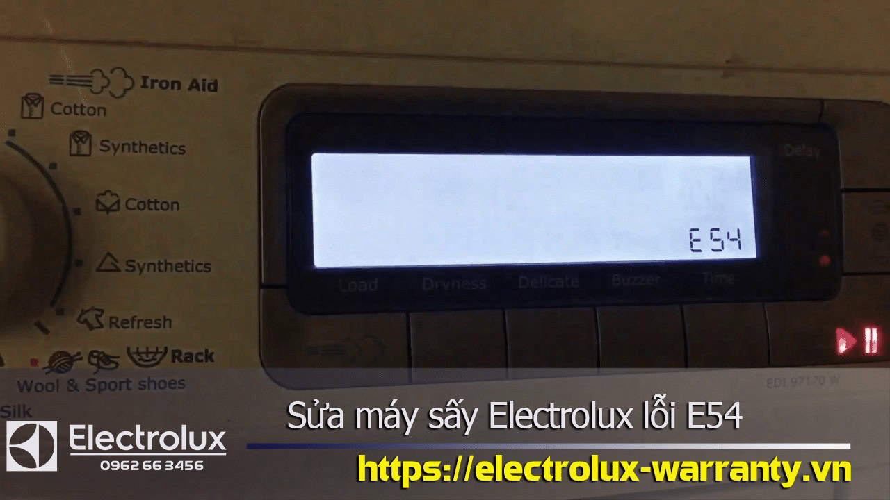 E54 error code on Electrolux dryer display screen indicating a potential technical issue with the appliance.