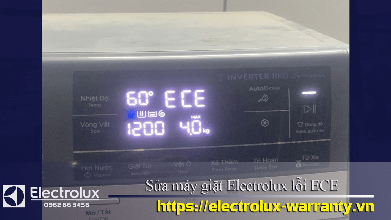 Inverter laundry machine display showing error code ECE; electronic repair service for Electrolux washing machines; professional warranty and troubleshooting support for Electrolux appliances.