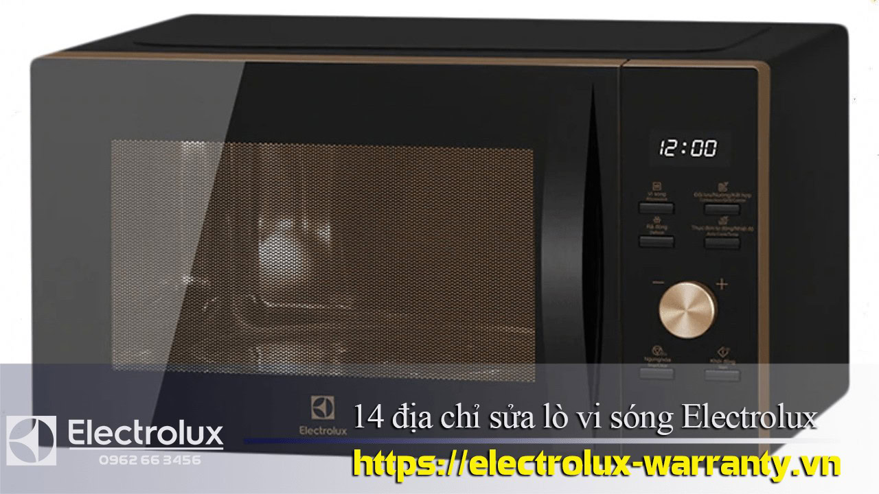 Microwave oven with digital display, sleek black finish, and control panel for Electrolux warranty service.